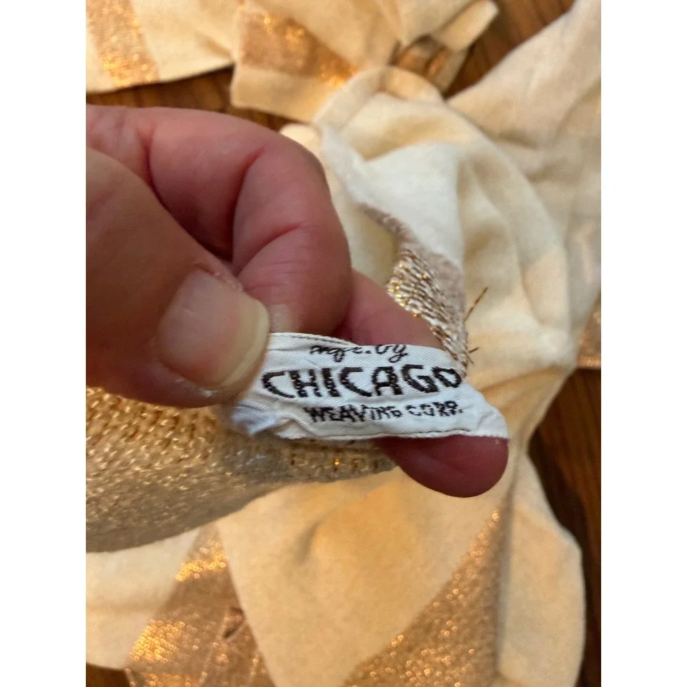 Vintage Chicago Weaving Corp Gold Metallic Striped Tablecloth and 8 Napkins Set
